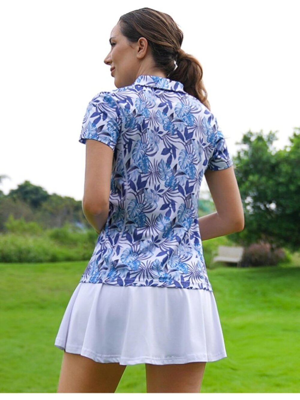 Women's Blue Palm Leaf Golf Shirt Short Sleeve Quick Dry V-Neck Tennis Tops Fit - Picture 3 of 4